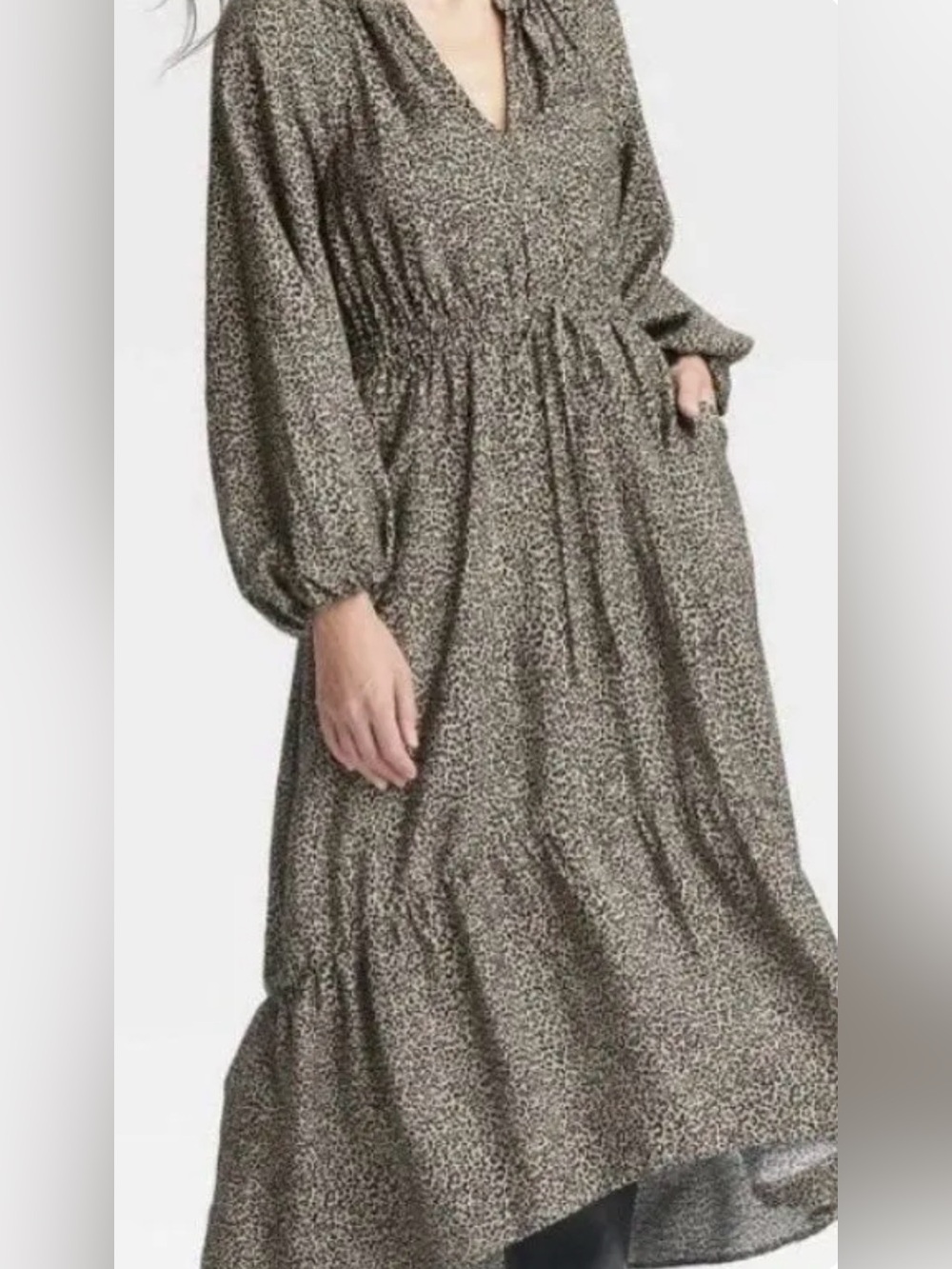 A New Day Women 3X Leopard Print Midi Dress Balloon Long Sleeve Tiered High Low - Picture 2 of 14